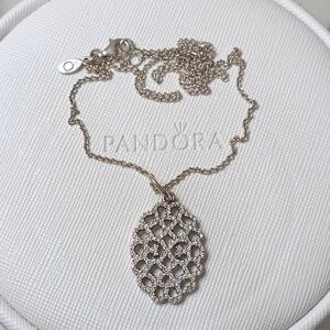Auth. Pandora Sterling Silver Shimmering Lace Vintage Necklace With Clear CZs
